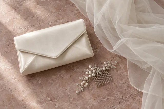 Schlichte Brautclutch, Haarkamm und Schleiertüll auf einer roséfarbenen Ablage